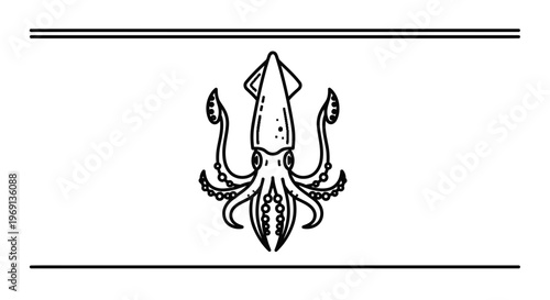 Elegant black line art illustration portraying a squid with detailed tentacles a captivating