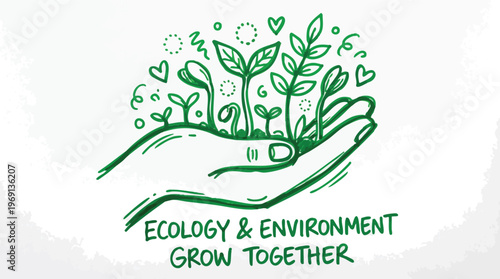 Green Marker Drawing of Plants Growing from a Cupped Hand.