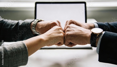 Fist bump hands gesture in office teamwork collaboration gesture business context