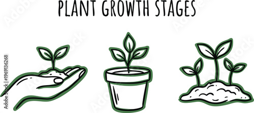 Plant Growth Stages Icons with Hand, Pot, and Soil Seedlings.