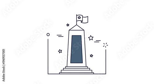 Line art illustration of a triumphant monument with a flag and shining stars representing