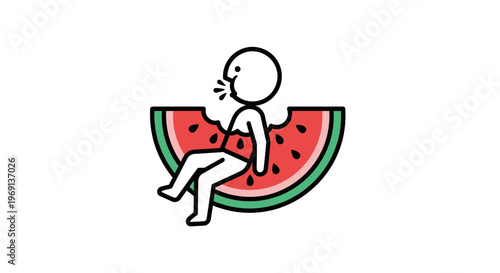 Minimalist illustration of a person joyfully indulging in a large, refreshing slice of summer