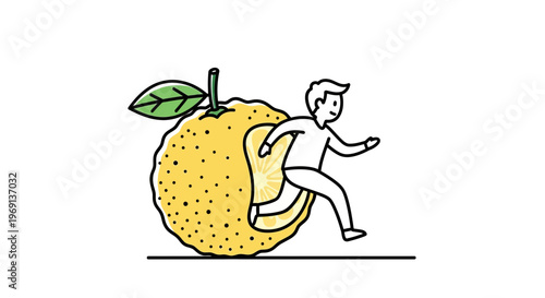 Energetic person springing from a vibrant citrus fruit, symbolizing natural vitality and healthy