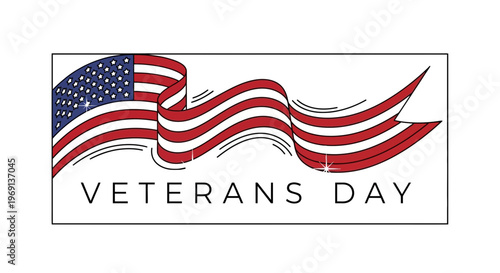 Dynamic American flag illustration waving proudly with Veterans Day inscription for patriotic