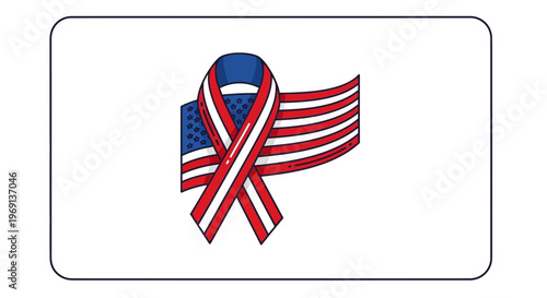 Stylized illustration of an American flag with a decorative red white and blue support ribbon