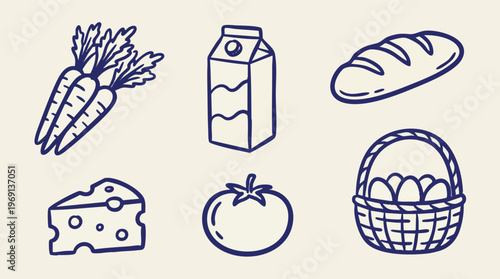 Blue Line Art Food Icons Arranged in Two Rows.