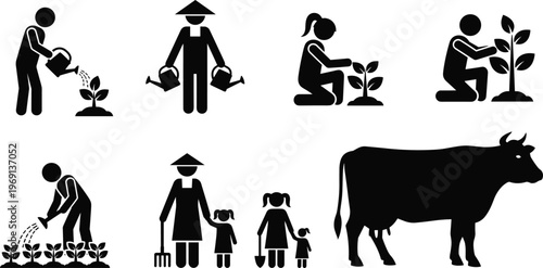 Collection of farming and gardening silhouettes set, featuring farmers watering plants, people planting crops, and livestock vector icons for organic agricultural industry designs.