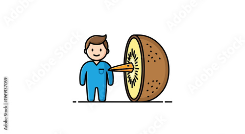 Whimsical illustration blending human figure with a unique kiwi fruit interpretation