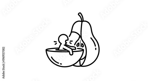Delightful line art showing a tiny character enjoying a bath within a juicy sliced pear minimalist