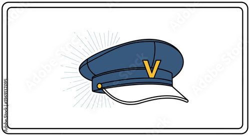 Clean vector illustration of a distinguished blue peaked uniform cap with a golden 'V' emblem