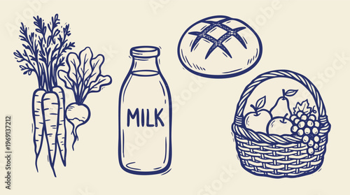 Hand-drawn Food Icons Including Milk, Bread, and Fruit Basket.