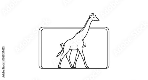 Elegant linear illustration of a majestic giraffe striding confined within a clean graphic frame