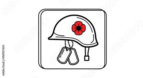 Symbolic icon depicting a soldier's helmet adorned with a red poppy and dog tags for commemorating