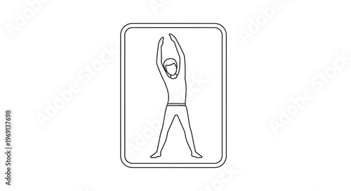 Minimalist line art icon of a person stretching, arms raised overhead within a rounded frame for
