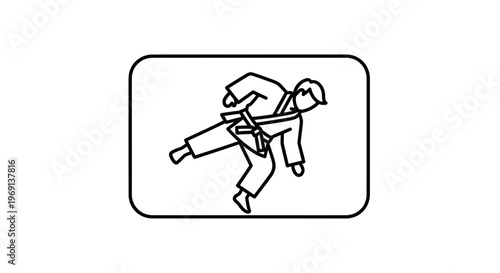 Dynamic black and white line art illustration of a martial artist executing a powerful athletic
