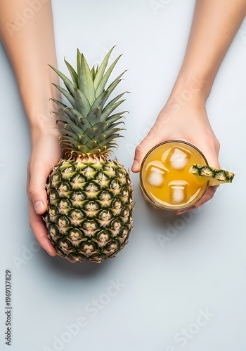 Pair of hands presents fresh pineapple and glass filled pineapple juice
