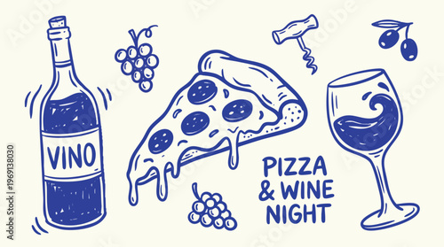 Blue Doodle Illustration of Pizza Slice, Wine Bottle and Glass.