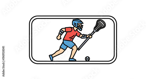 Dynamic illustration of a lacrosse player actively engaging in the sport with stick and ball,