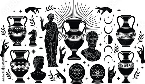 Ancient greek mystic collection featuring black silhouettes of statues amphora vases and celestial symbols in a cad drawing flat vector illustration for stock,