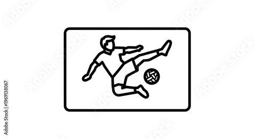 Dynamic outline illustration of a soccer player executing an acrobatic aerial kick, symbolizing
