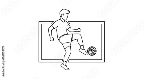 Dynamic line art of a person skillfully juggling a woven rattan ball, showcasing athletic prowess
