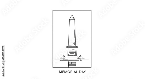 Minimalist line art illustration of an American memorial monument with flag for remembrance day