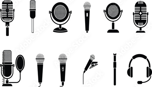 Microphone icon collection featuring black and white studio headphone and audio broadcasting equipment in a cad drawing flat vector illustration for stock,