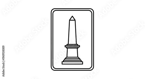 Minimalist black and white outline of an iconic tall obelisk monument within a rounded rectangular