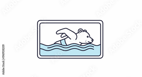 Delightful cartoon bear icon gracefully swimming in clear blue water inside a neat rectangular
