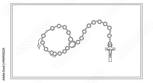 Minimalist continuous line art illustration of a sacred rosary with a crucifix