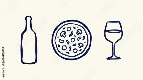 Hand-Drawn Wine Bottle, Pizza, and Wine Glass Arranged in a Row.