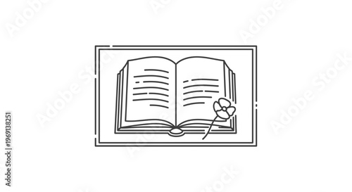 Minimalist open book illustration with a delicate flower bookmark, perfect for literary themes and