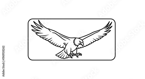 Dynamic monochrome outline of a powerful raptor with widespread wings in aggressive stance