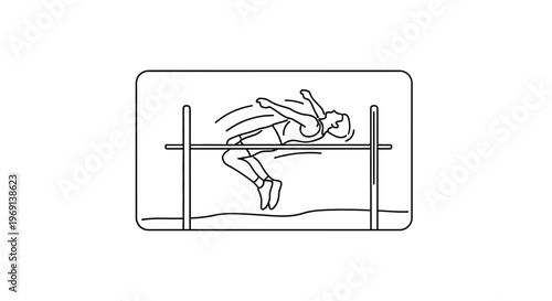 Dynamic black line art depicting a high jump athlete successfully clearing the bar during an