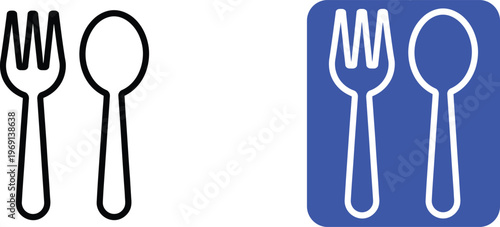 Black outline fork and spoon on white and blue background