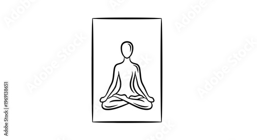 Minimalist outline of a figure meditating in a rectangular frame, symbolizing inner peace and