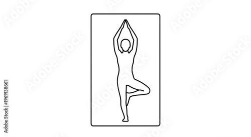 Minimalist line drawing of a person performing a meditative tree yoga pose for wellness and balance