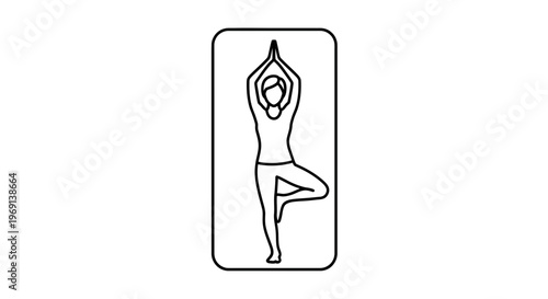 Minimalist line illustration of a woman in a balancing yoga tree pose for wellness and fitness