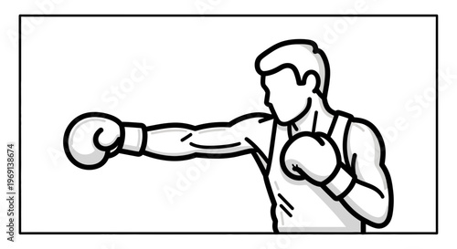 Dynamic black and white line art illustration of a boxer delivering a powerful left jab