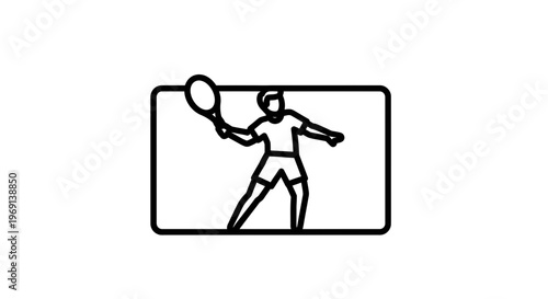 Minimalist black outline icon of a tennis player mid-swing captured within a rectangular digital