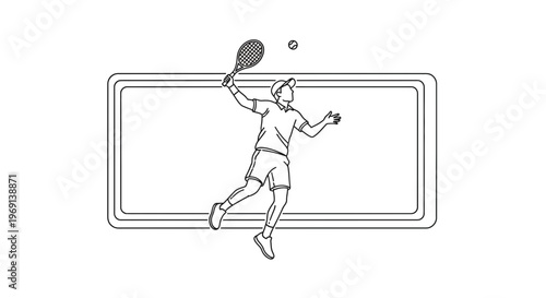 Dynamic single line illustration of a male tennis player executing a powerful jump serve during a