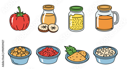 Hand drawn collection of fresh ingredients and prepared food items in containers