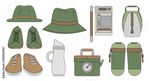 Collection of outdoor and camping gear including hats shoes backpack and water