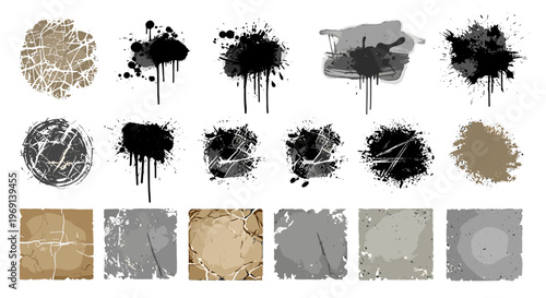 Collection of textured grunge splatters paint drips and distressed paper elements