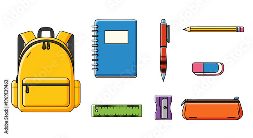 Bright and colorful school supplies including a backpack notebook pen pencil