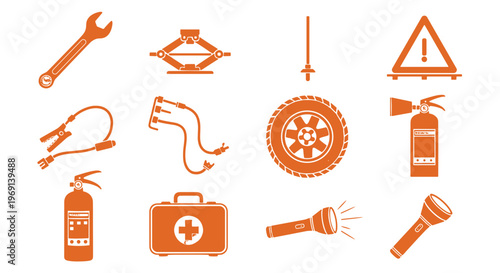 Collection of orange car emergency tools and safety equipment icons on white