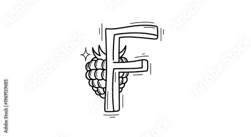 Monochrome alphabet design featuring the letter F alongside a sparkling raspberry drawing