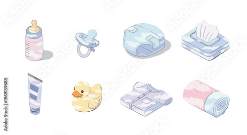 Collection of baby care items including bottle pacifier wipes lotion and rubber