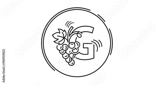 Minimalist outline illustration of a fresh grape cluster with a bold letter G within a decorative