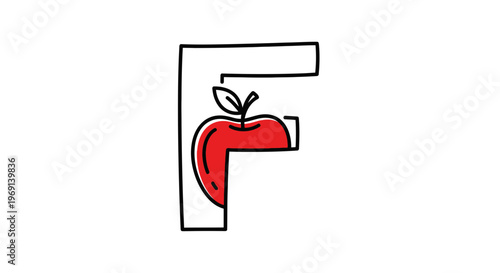 Abstract F letter icon with vibrant red apple illustration for healthy food branding